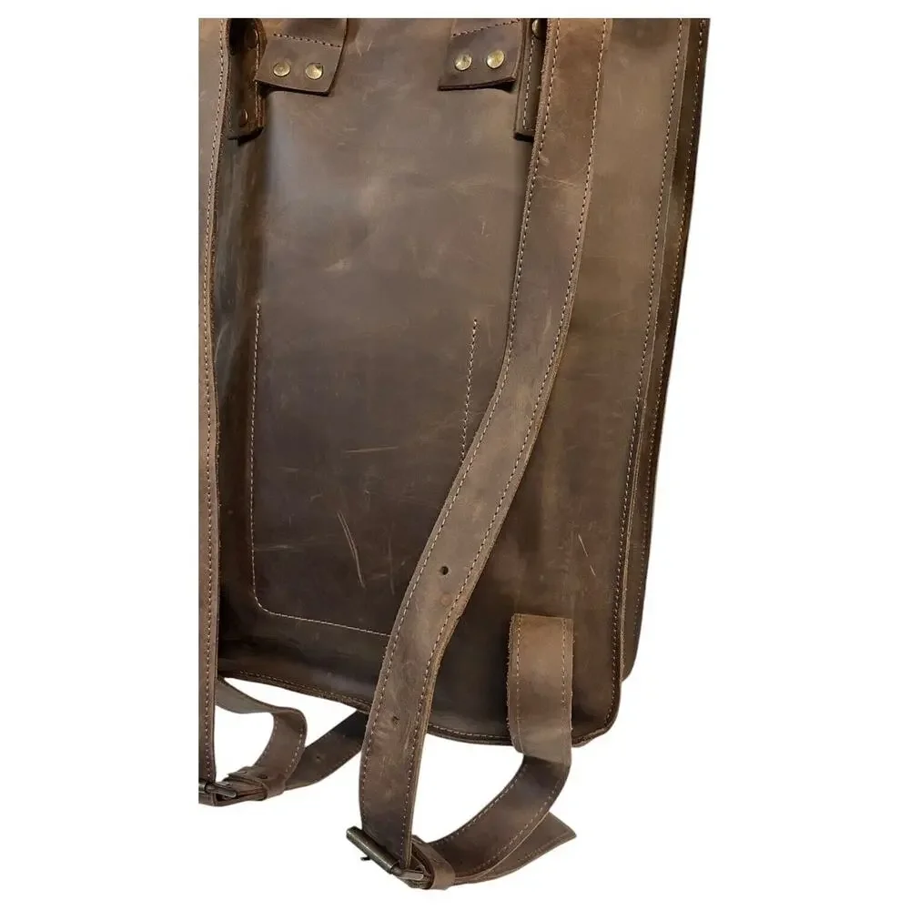 Leather Handmade Backpack Laptop Flap Closure Adjustable Clasp Unisex Brown